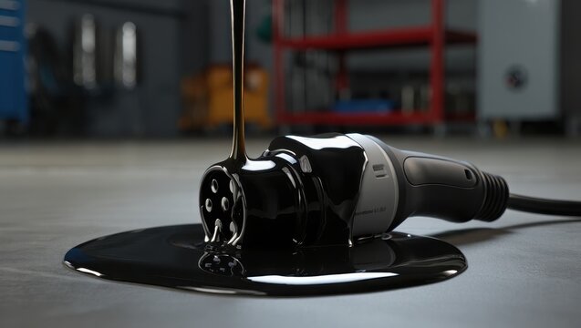 Crude Oil Pouring Over Electric Vehicle Charger in Garage Setting - Powered by Adobe