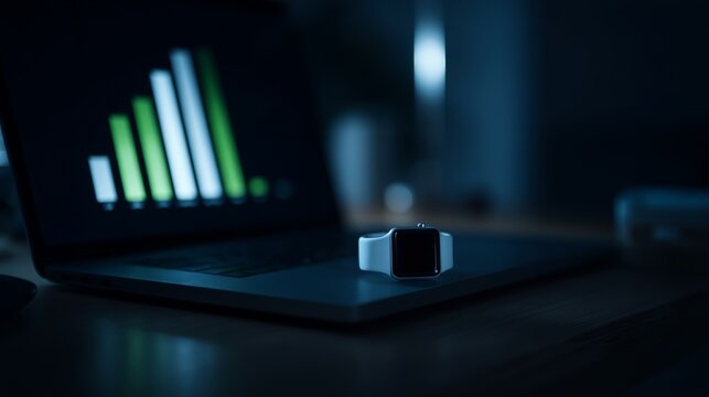 Sleek laptop displaying green and white bar chart for data visualization on dark surface with smartwatch resting on keyboard in dim-lit setting.