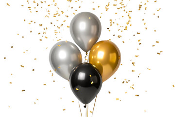 Elegant black gold silver balloons with confetti isolated on transparent background