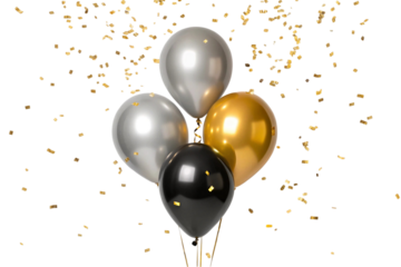 Elegant black gold silver balloons with confetti isolated on transparent background