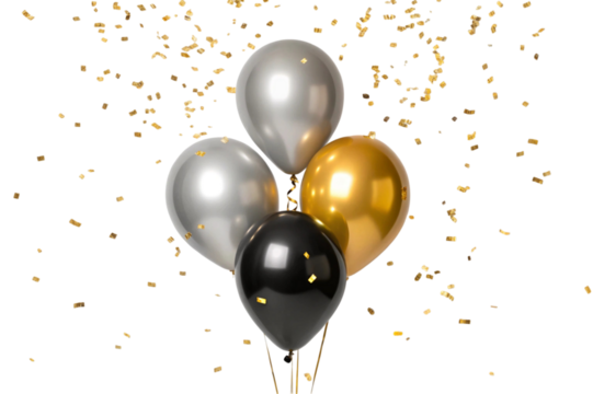 Elegant black gold silver balloons with confetti isolated on transparent background