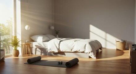 Serene Minimalist Bedroom Interior Design with Yoga Mat Sunlight and Wooden Floor