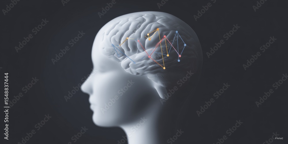 Poster abstract human head with digital brain connection network on dark background