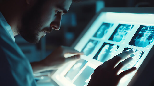 Medical Professional Examining X-Rays on a Digital Screen