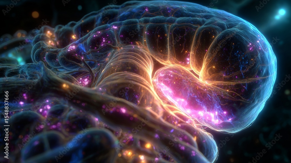 Poster vibrant neural network with glowing cosmic elements in abstract bio-luminescent design