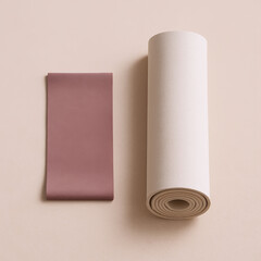 Minimalist Yoga Mat and Folded Resistance Band Set on Soft Beige Background for Home Fitness