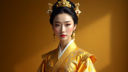 Elegant Young Woman in Gold Hanbok, Traditional Korean Dress