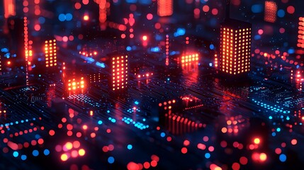 Isometric Futuristic City at Night with Glowing Red and Blue Lights