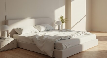 Serene Minimalist Bedroom Interior Design Sunlit White Bed Modern Decor