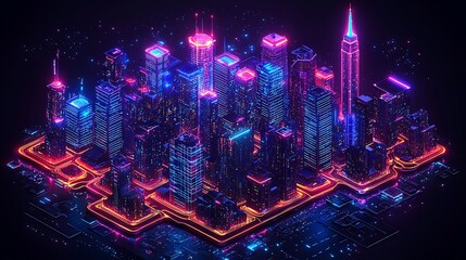 Isometric Futuristic City at Night with Neon Lights