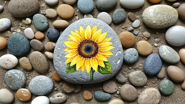 A beautifully painted sunflower on a smooth stone surrounded by various pebbles on a sandy surface