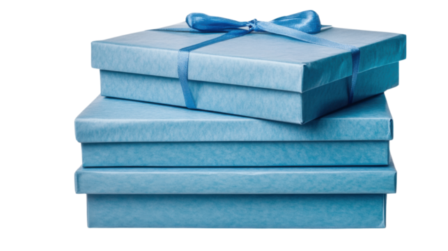 Stack of blue gift boxes with ribbon isolated on white background
