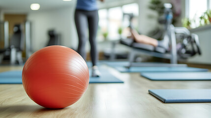 Fototapeta premium Exercise Ball in a Bright Gym with Yoga Mats and Equipment