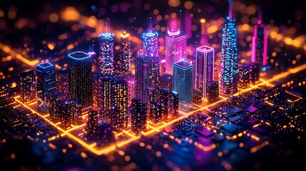 Isometric Futuristic City at Night with Neon Lights
