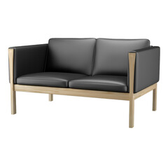 A stylish black loveseat featuring a wooden frame. Perfect for contemporary interiors, providing both elegance and comfort. Ideal for living rooms or office spaces.