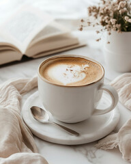Cozy cup of coffee with an open book and flowers on a marble table.