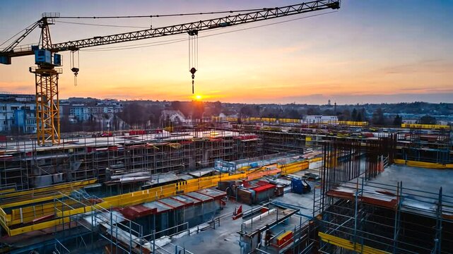 A construction site at sunset with cranes and scaffolding, showcasing active building progress