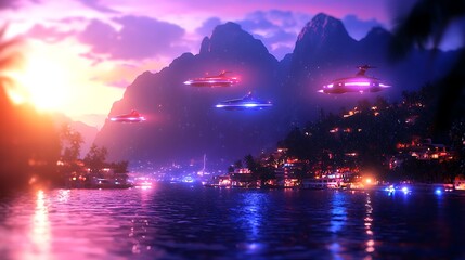 Futuristic Underwater City at Sunset with Neon Lights and Flying Vehicles