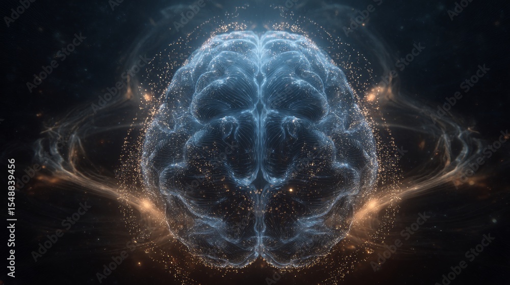 Poster futuristic digital visualization of a brain with glowing neural connections in space