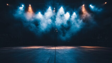 Naklejka premium Stage performance lone figure stands silhouetted against bright spotlights in a smoky atmosphere