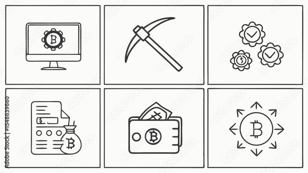 Poster cryptocurrency mining and transaction icons a set of line art graphics