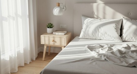 Serene Minimalist Bedroom Interior Sunlight Streaming Through Sheer Curtains onto Light Grey