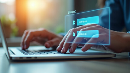 Hands Typing on a Laptop with a Digital Sign-Up Interface