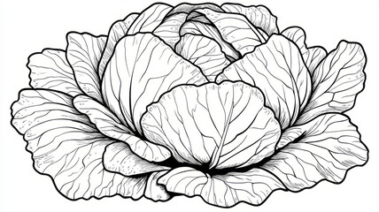 Intricate black and white cabbage line art illustration.