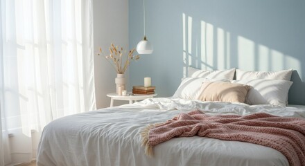 Serene Bedroom Interior Sunlit White Linen Bedding Pink Knit Throw and Pastel Blue Walls