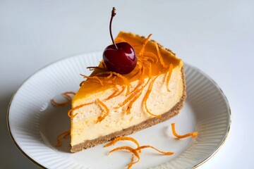 a slice of orange cheesecake with a graham cracker crust