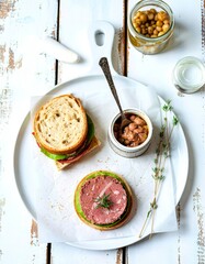 Baked meat pate in jar and on bread Delicious sandwich Gourmet food