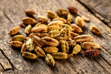 Green cardamom is scattered over vintage wood background