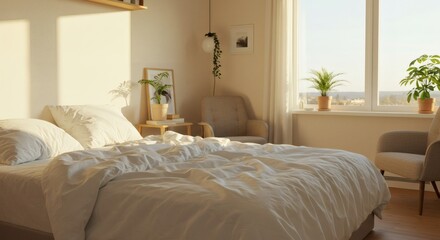Serene Bedroom Interior Sunlit Minimalist Bed Plants and Armchairs