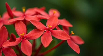 macro photo of red asoka flower with dew drops