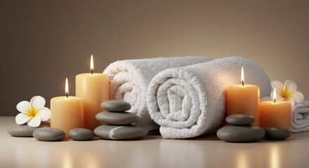 Serene Spa Setting Rolled Towels Burning Candles and Smooth Stones