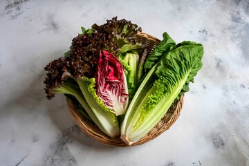 Red lettuce and romaine in basket on grey background close up