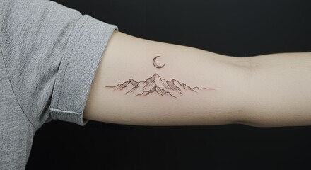 Minimalist Mountain Range and Crescent Moon Tattoo on Arm
