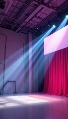 Bright Stage with Dramatic Lighting and Red Curtains in a Modern Indoor Venue for Performances and Events