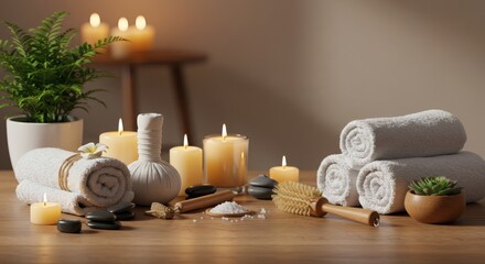 Serene Spa Setting Candles Towels Stones and Herbal Compress for Relaxation
