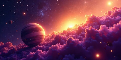 Abstract gold & purple galaxy, planets orbiting, radiant energy , digital, mystical