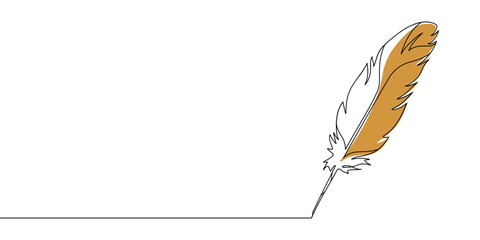 Continuous line drawing of writing quill feather pen. Minimalist black linear sketch isolated on white background. Hand drawn vector illustration.