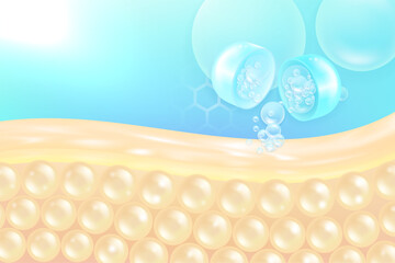 Hyaluronic acid and Niacinamide hair and skin solutions ad, blue collagen serum drops into skin cell with cosmetic advertising background ready to use, illustration vector.	