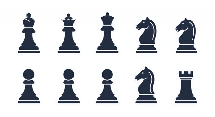 Elegant Set of Flat Chess Piece Icons: King, Queen, Rook, Knight, Bishop, Pawn