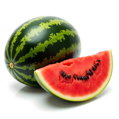 Whole Watermelon with Juicy Red Slice Isolated on White Background