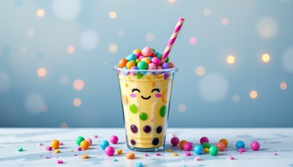 Glass of refreshing yellow drink with candy, a sweet and colorful treat refreshing