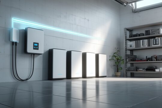 A modern home energy storage system consisting of rectangular white battery cells