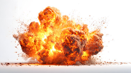 Massive explosion with thick black smoke and fiery bursts, isolated on white background, ideal for action scenes, VFX elements, war visuals, or destruction effects.

