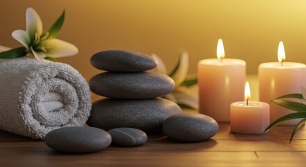 Tranquil Spa Scene Hot Stones Candles Towel and Lilies for Wellness and Relaxation