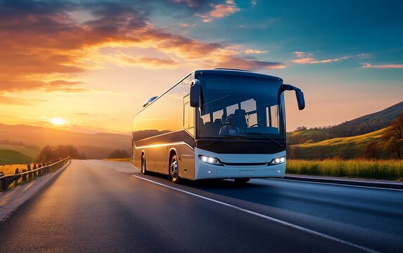 Gleaming bus driving into a vibrant sunset over rolling hills and asphalt road