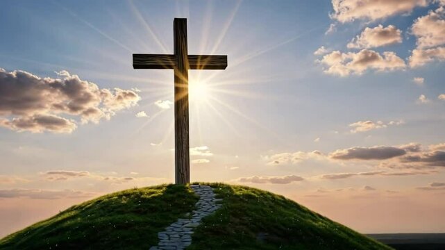  A wooden cross stands prominently atop a grassy hill, bathed in the warm glow of a setting sun